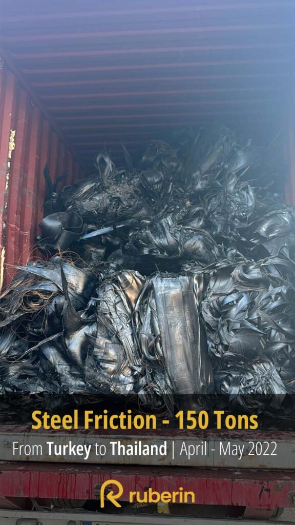 150 tons of steel friction material loaded in container for export from Turkey to Thailand in April–May 2022 by Ruberin
