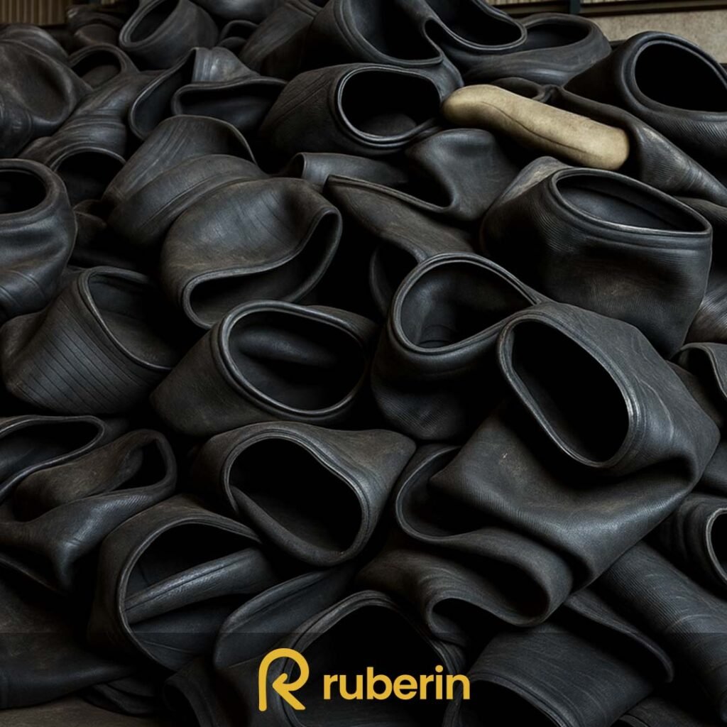 Stack of used Bogomatic bladders made of thick rubber, collected for recycling and industrial material recovery