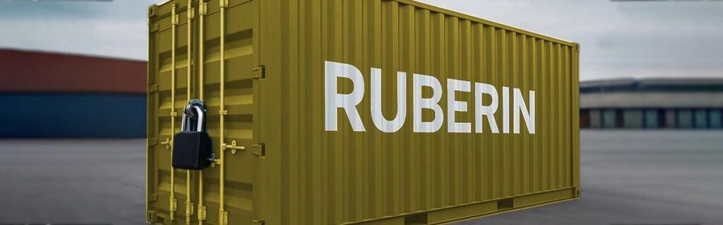 A locked yellow shipping container with the word "RUBERIN" prominently displayed, symbolizing trust and security in steel friction scrap sourcing.