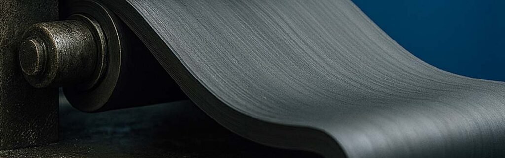 Close-up of a rubber sheet being processed through a roller during the compounding stage in rubber manufacturing.